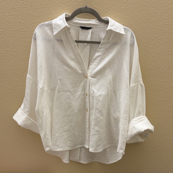 Zara Oversized White Linen Blend Button Front Blouse - Picture 4 of 4